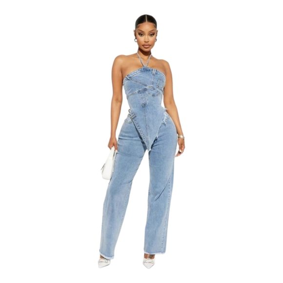 Women's Blue Denim Strapless 2 Piece  Jumpsuit - Picture 1 of 3